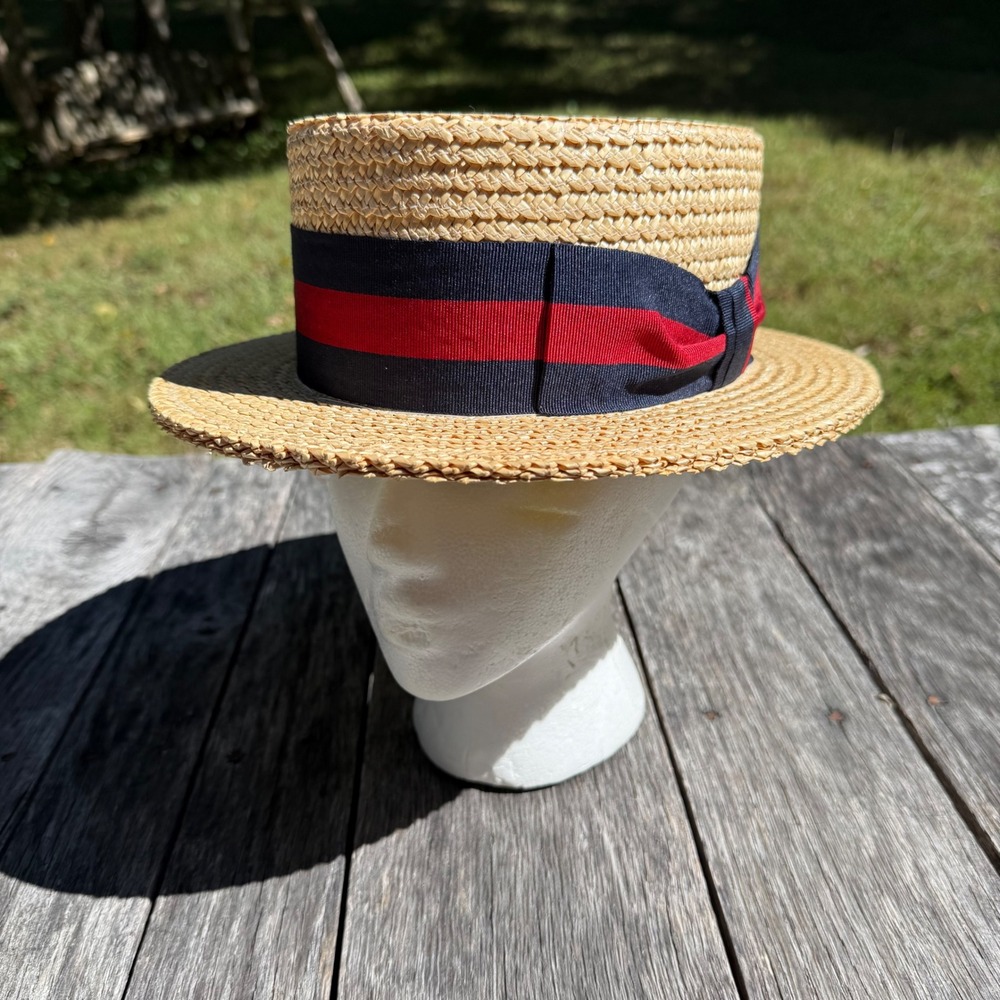 Ponte Rialto Venice Italian Straw Boater Navy Red Stripe 57 7 1/8 Clergy Estate